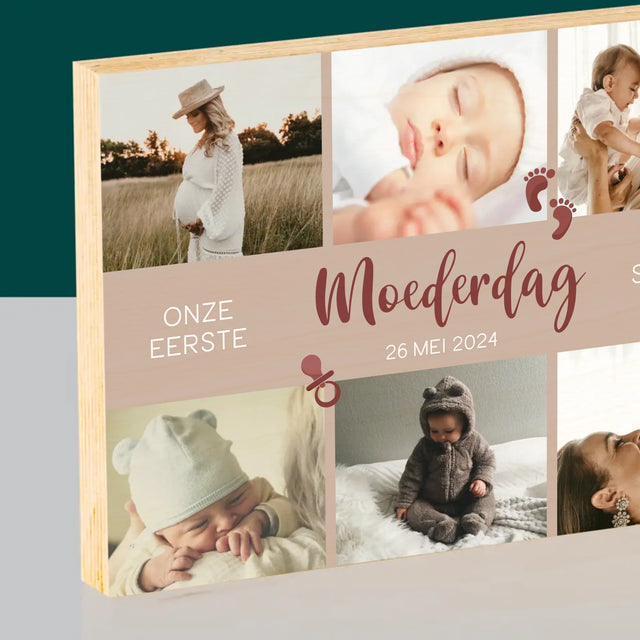 Fotocollage: Onze Eerste Moederdag Samen - Afdruk Op Hout (Horizontaal)
