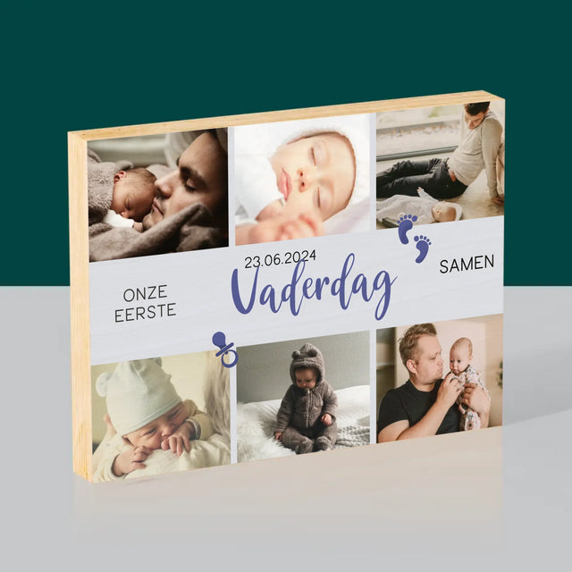 Fotocollage: Onze Eerste Vaderdag - Afdruk Op Hout (Horizontaal)