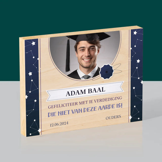 Foto En Handtekening: Gefeliciteerd Met Je Verdediging - Afdruk Op Hout (Horizontaal)