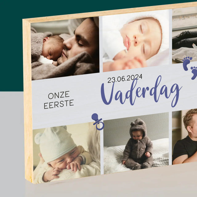 Fotocollage: Onze Eerste Vaderdag - Afdruk Op Hout (Horizontaal)