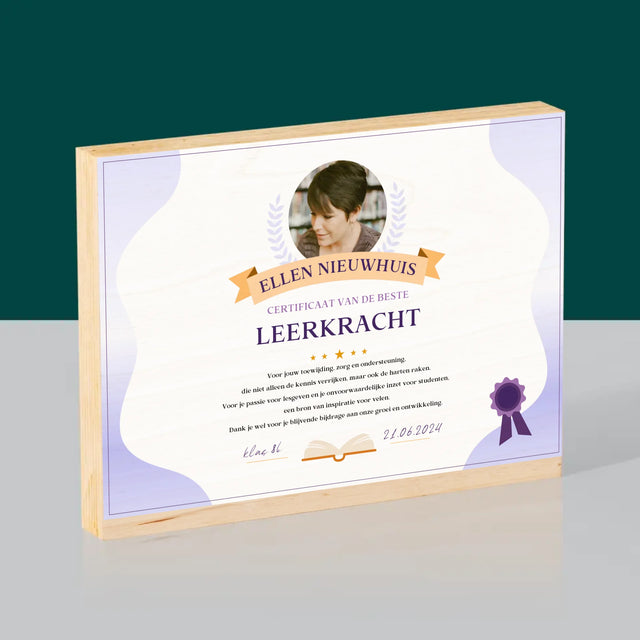 Foto En Handtekening: Certificaat Van De Beste Leerkracht - Afdruk Op Hout (Horizontaal)