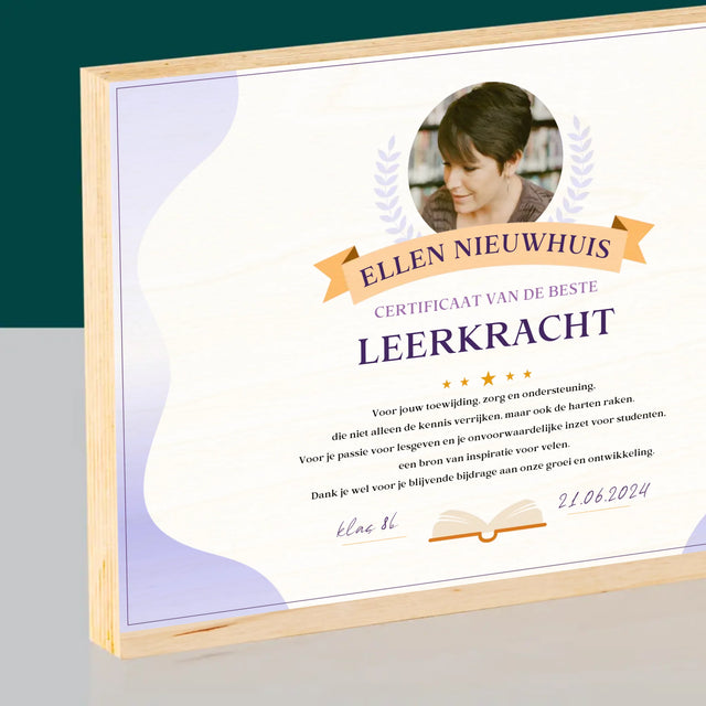 Foto En Handtekening: Certificaat Van De Beste Leerkracht - Afdruk Op Hout (Horizontaal)