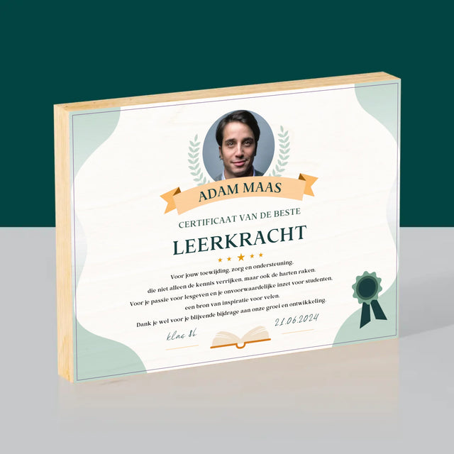 Foto En Handtekening: Certificaat Van De Beste Leerkracht - Afdruk Op Hout (Horizontaal)