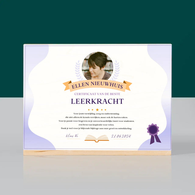 Foto En Handtekening: Certificaat Van De Beste Leerkracht - Afdruk Op Hout (Horizontaal)