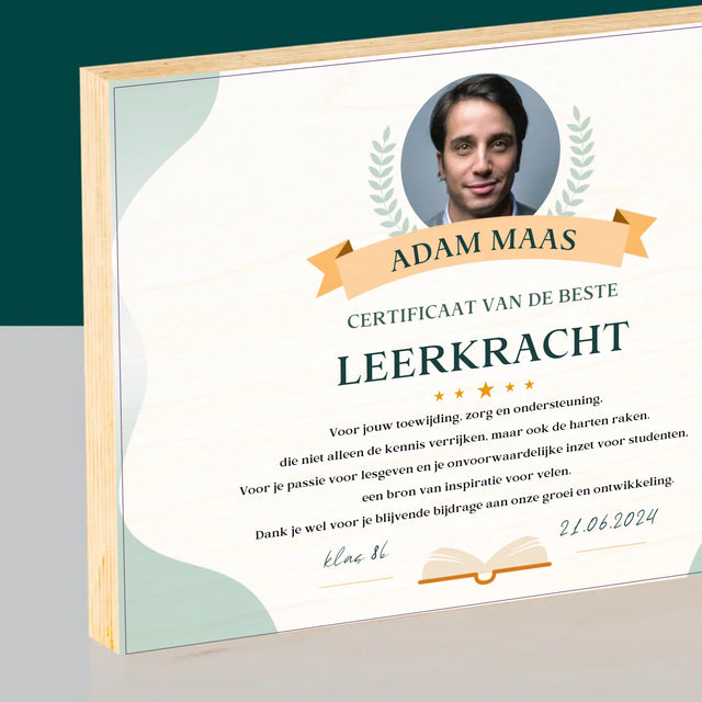 Foto En Handtekening: Certificaat Van De Beste Leerkracht - Afdruk Op Hout (Horizontaal)