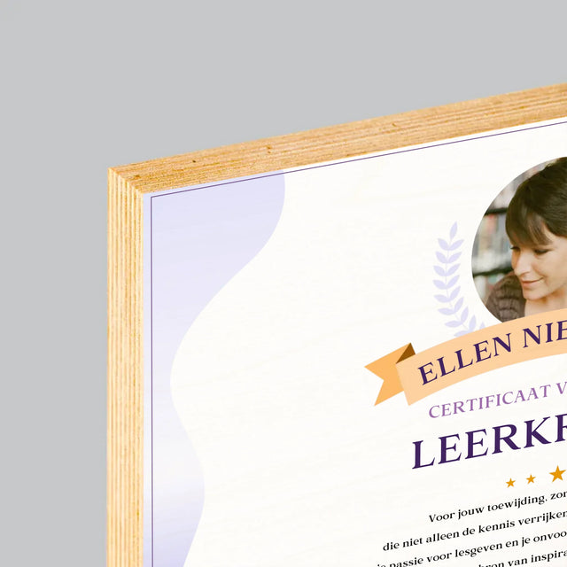 Foto En Handtekening: Certificaat Van De Beste Leerkracht - Afdruk Op Hout (Horizontaal)