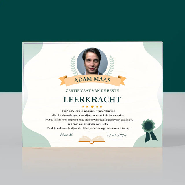 Foto En Handtekening: Certificaat Van De Beste Leerkracht - Afdruk Op Hout (Horizontaal)