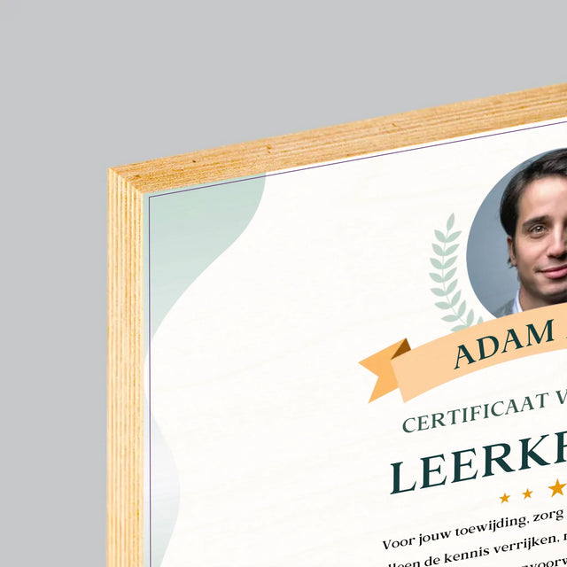 Foto En Handtekening: Certificaat Van De Beste Leerkracht - Afdruk Op Hout (Horizontaal)