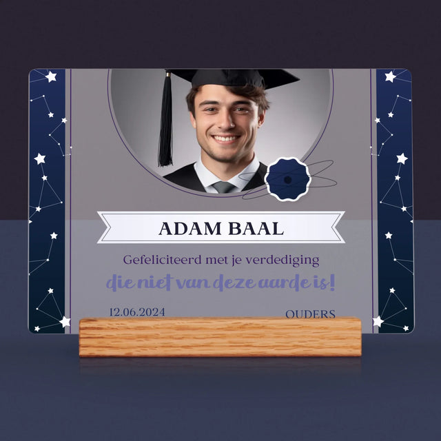 Foto En Handtekening: Gefeliciteerd Met Je Verdediging - Afdruk Op Acrylglas (Horziontaal)