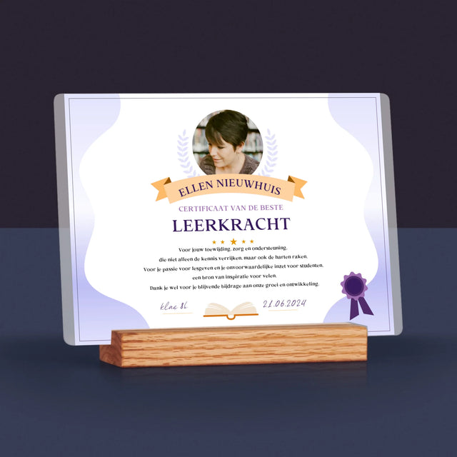 Foto En Handtekening: Certificaat Van De Beste Leerkracht - Afdruk Op Acrylglas (Horziontaal)