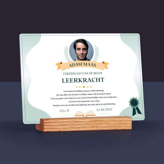 Foto En Handtekening: Certificaat Van De Beste Leerkracht - Afdruk Op Acrylglas (Horziontaal)