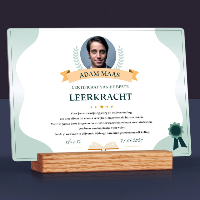 Foto En Handtekening: Certificaat Van De Beste Leerkracht - Afdruk Op Acrylglas (Horziontaal)