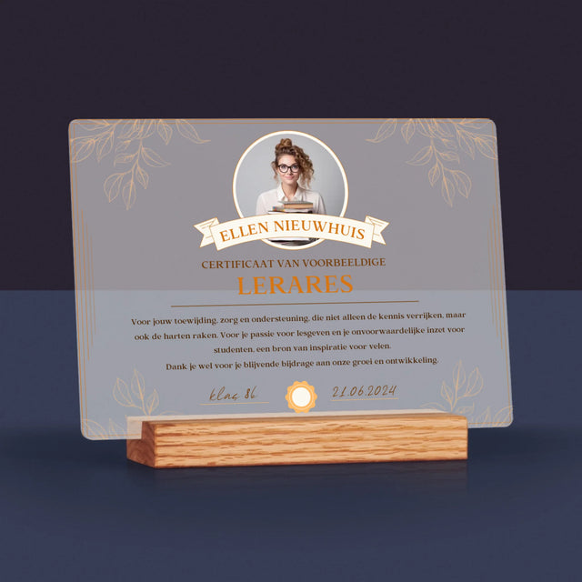 Foto En Handtekening: Certificaat Van Voorbeeldige Lerares - Afdruk Op Acrylglas (Horziontaal)