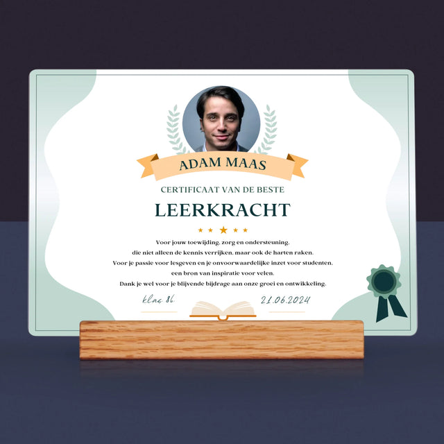 Foto En Handtekening: Certificaat Van De Beste Leerkracht - Afdruk Op Acrylglas (Horziontaal)
