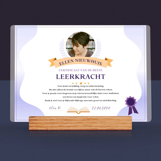 Foto En Handtekening: Certificaat Van De Beste Leerkracht - Afdruk Op Acrylglas (Horziontaal)