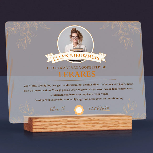 Foto En Handtekening: Certificaat Van Voorbeeldige Lerares - Afdruk Op Acrylglas (Horziontaal)