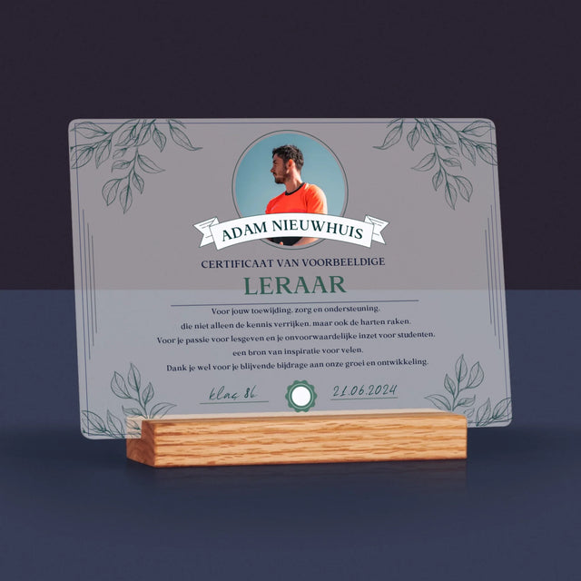 Foto En Handtekening: Certificaat Van Voorbeeldige Leraar - Afdruk Op Acrylglas (Horziontaal)