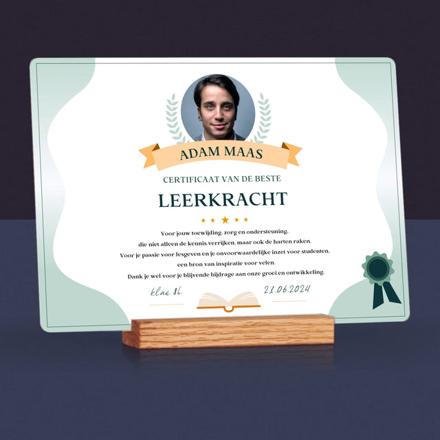 Foto En Handtekening: Certificaat Van De Beste Leerkracht - Afdruk Op Acrylglas (Horziontaal)