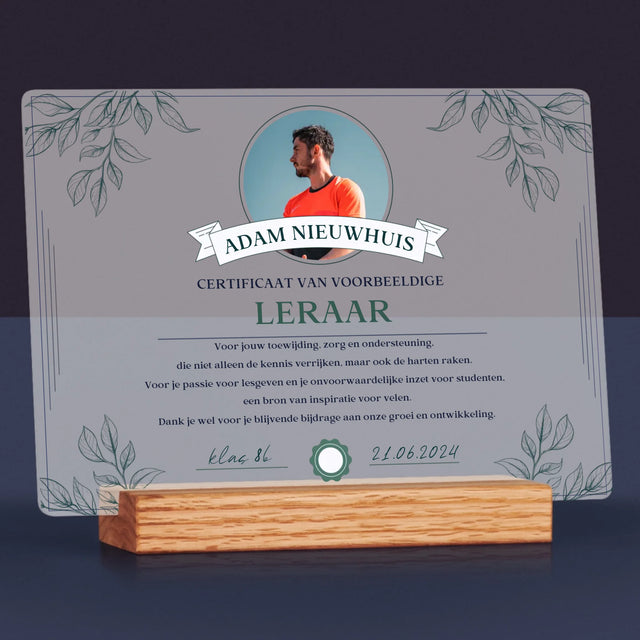 Foto En Handtekening: Certificaat Van Voorbeeldige Leraar - Afdruk Op Acrylglas (Horziontaal)