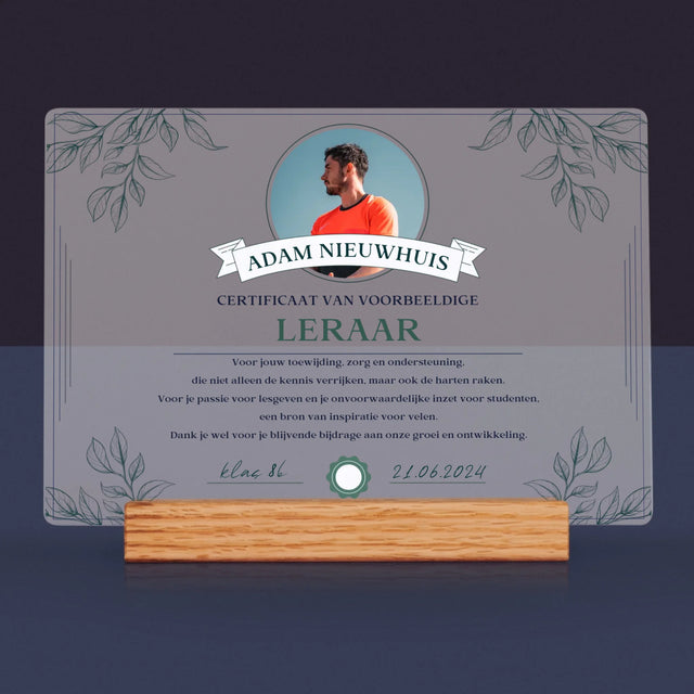Foto En Handtekening: Certificaat Van Voorbeeldige Leraar - Afdruk Op Acrylglas (Horziontaal)