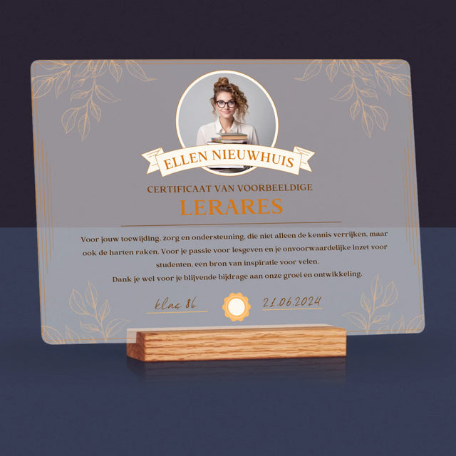Foto En Handtekening: Certificaat Van Voorbeeldige Lerares - Afdruk Op Acrylglas (Horziontaal)