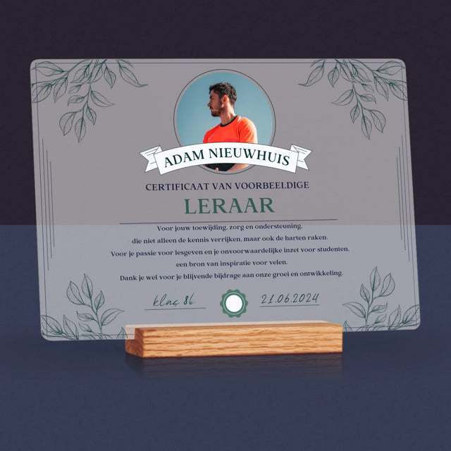 Foto En Handtekening: Certificaat Van Voorbeeldige Leraar - Afdruk Op Acrylglas (Horziontaal)