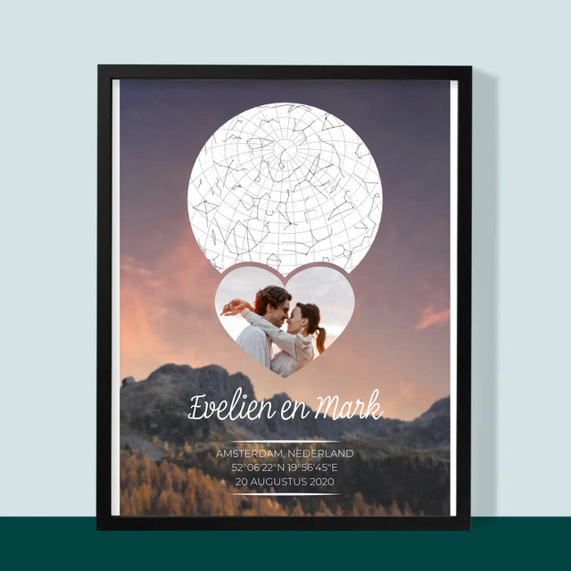 Starrenkaart: Verliefden Op De Bergen - Afdruk Met Frame 30X40