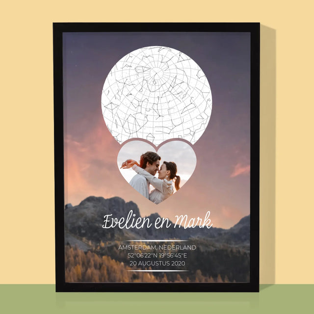 Starrenkaart: Verliefden Op De Bergen - Afdruk Met Frame 30X40