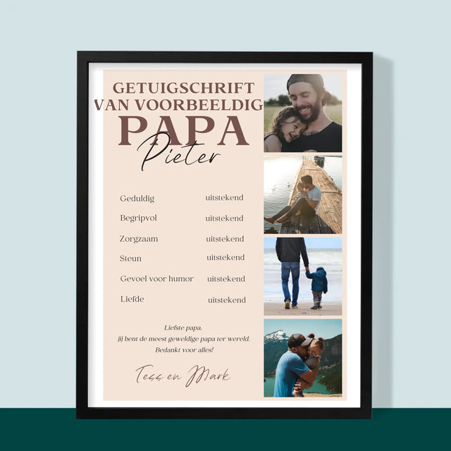 Fotocollage: Getuigschrift Van Voorbeeldige Papa - Afdruk Met Frame 30X40