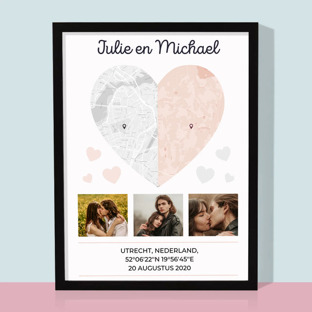 Stadsplastadsplattegrond: Twee Halve Hartjes - Afdruk Met Frame 30X40