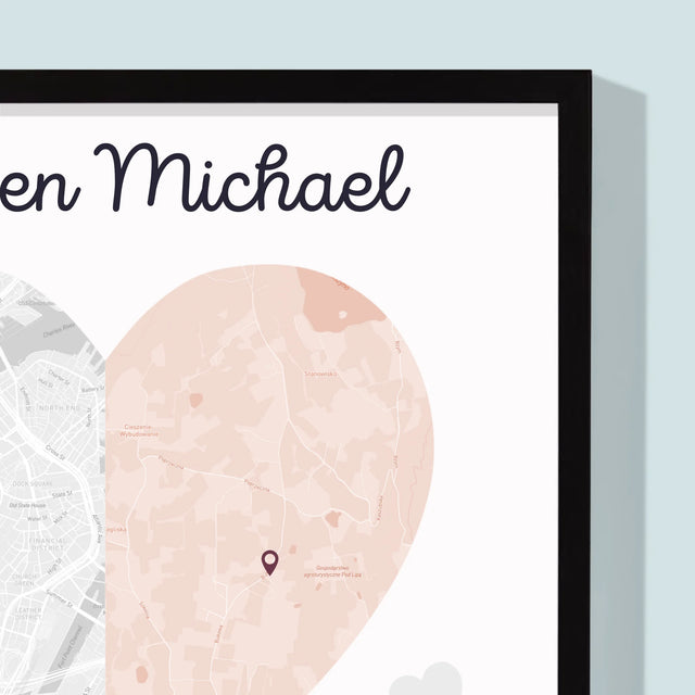 Stadsplastadsplattegrond: Twee Halve Hartjes - Afdruk Met Frame 30X40