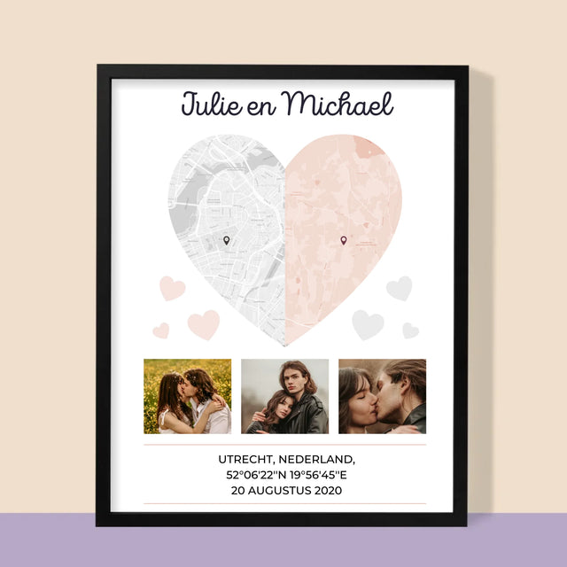 Stadsplastadsplattegrond: Twee Halve Hartjes - Afdruk Met Frame 30X40