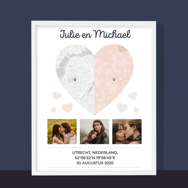 Stadsplastadsplattegrond: Twee Halve Hartjes - Afdruk Met Frame 30X40