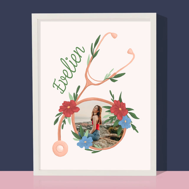 Foto En Handtekening: Stethoscoop Bloemen - Afdruk Met Frame 30X40