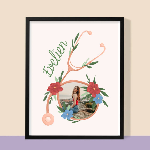 Foto En Handtekening: Stethoscoop Bloemen - Afdruk Met Frame 30X40