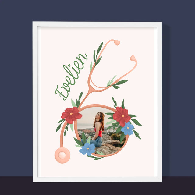 Foto En Handtekening: Stethoscoop Bloemen - Afdruk Met Frame 30X40