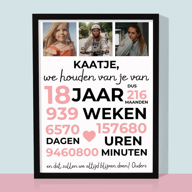 Fotocollage: We Houden Al 18 Jaar Van Je - Afdruk Met Frame 30X40
