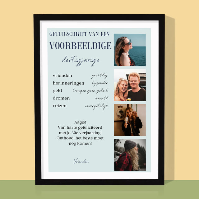 Fotocollage: Getuigschrift Van Een Voorbeeldige Dertiger - Afdruk Met Frame 30X40