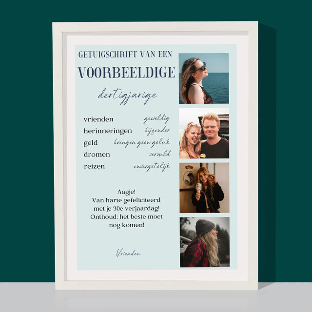 Fotocollage: Getuigschrift Van Een Voorbeeldige Dertiger - Afdruk Met Frame 30X40