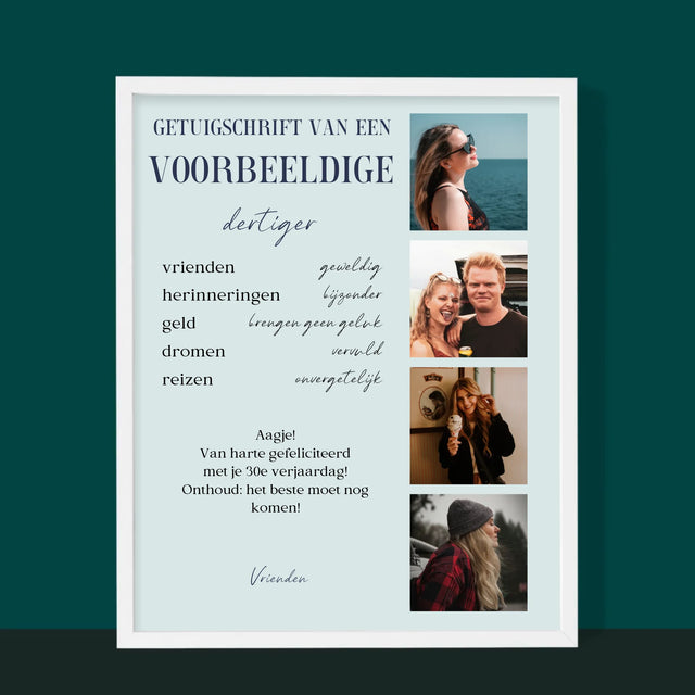 Fotocollage: Getuigschrift Van Een Voorbeeldige Dertiger - Afdruk Met Frame 30X40