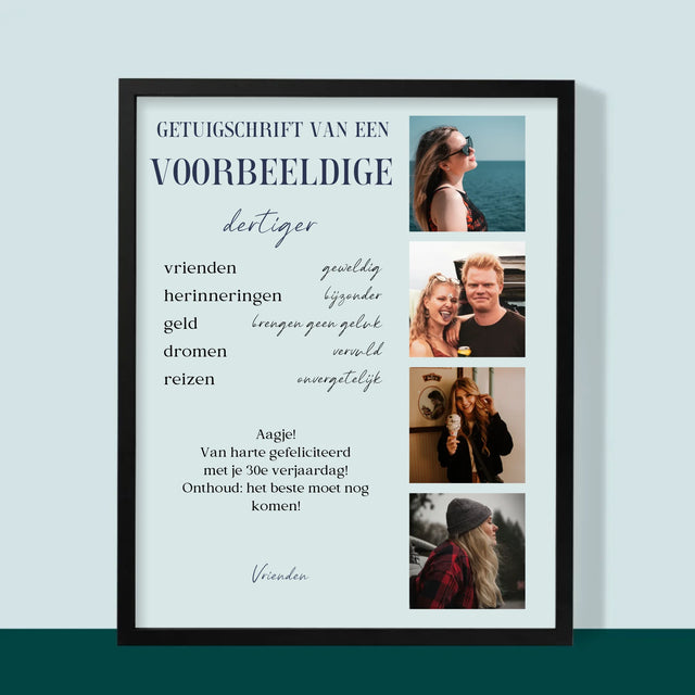 Fotocollage: Getuigschrift Van Een Voorbeeldige Dertiger - Afdruk Met Frame 30X40