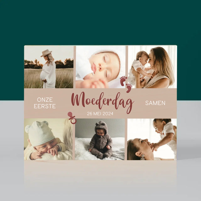 Fotocollage: Onze Eerste Moederdag Samen - Afdruk Op Hout (Horizontaal)