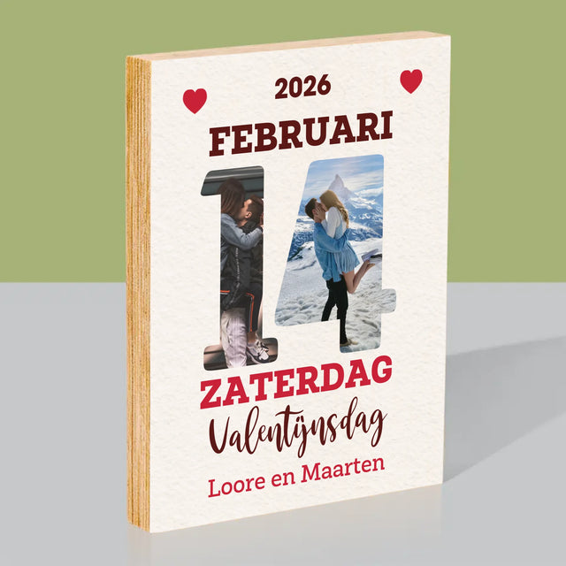 Woord Van Foto'S: Valentijnsdag Kalenderblad - Afdruk Op Hout (Verticaal)