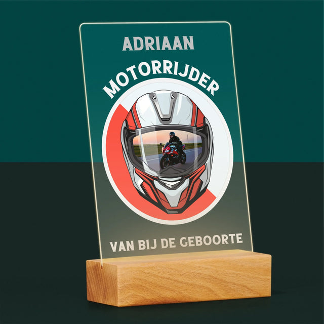 Foto En Handtekening: Motorrijder Van Bij De Geboorte - Afdruk Op Acrylglas (Verticaal)