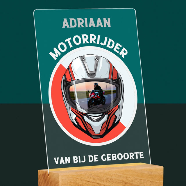 Foto En Handtekening: Motorrijder Van Bij De Geboorte - Afdruk Op Acrylglas (Verticaal)