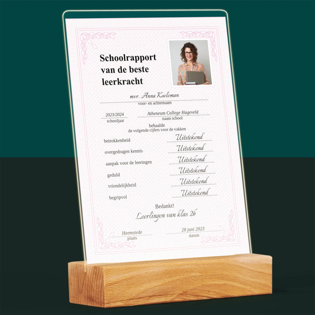 Foto En Handtekening: Schoolrapport Van De Beste Leerkracht - Afdruk Op Acrylglas (Verticaal)