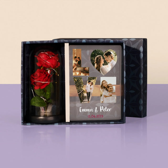Woord Van Foto'S: Love Met Jouw Foto'S - Cadeauset Met Afruk Op Glas En Eeuwige Roos