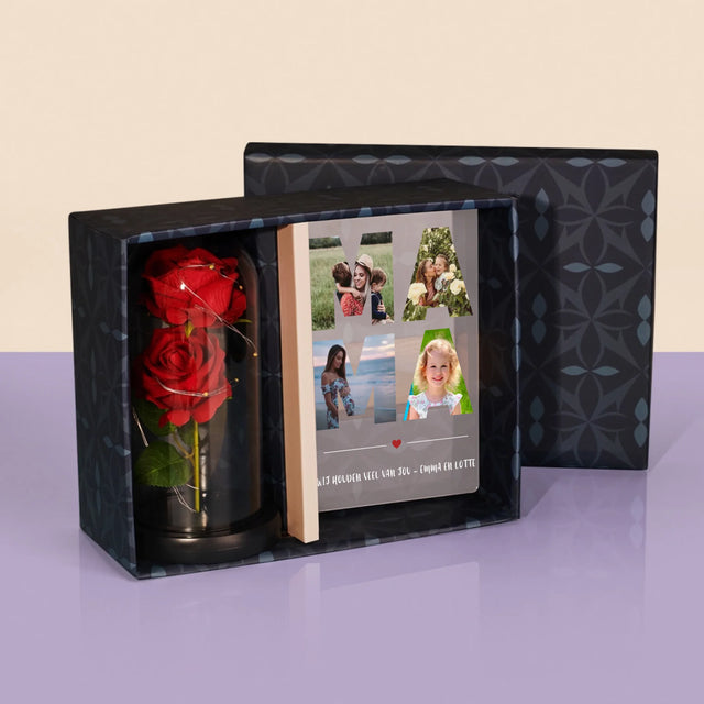 Woord Van Foto'S: Mama - Cadeauset Met Afruk Op Glas En Eeuwige Roos