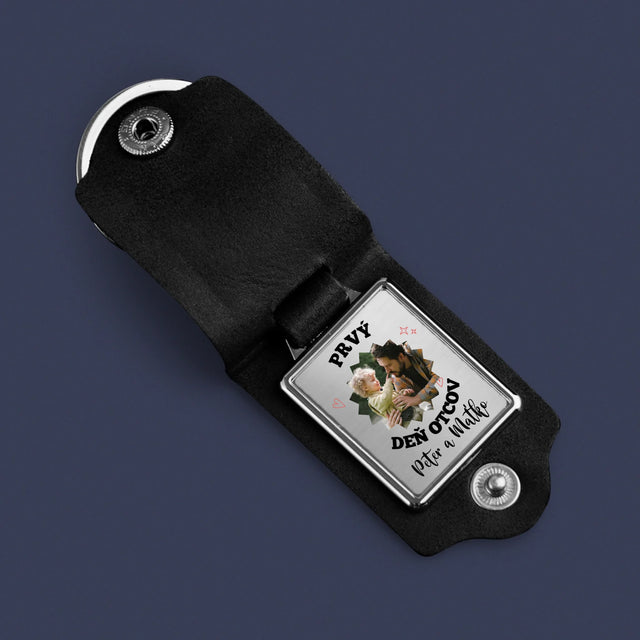 Zdjęcie i Podpis: Pierwszy Dzień Taty Razem - Skórzany Brelok Ze Zdjęciem | SK