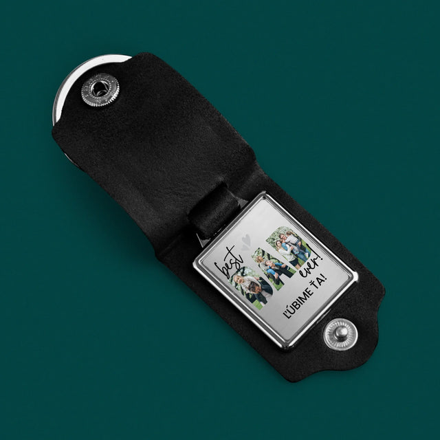 Słowo Ze Zdjęć: Best Dad Ever z Podpisem - Skórzany Brelok Ze Zdjęciem | SK